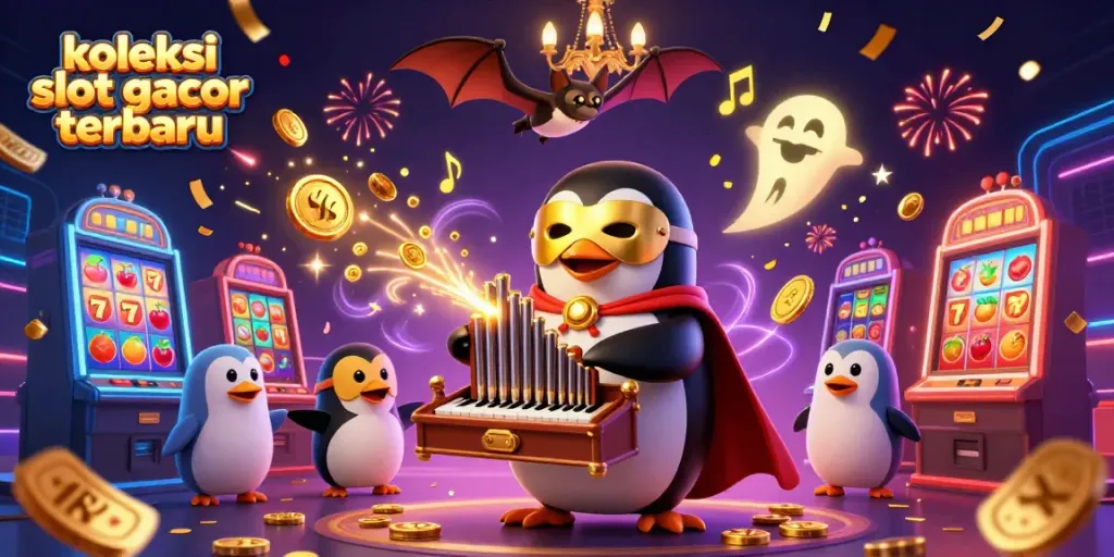 Slot gacor terbaru menampilkan karakter penguin dengan organ pipa yang menghasilkan koin emas, simbol slot, dan kembang api.