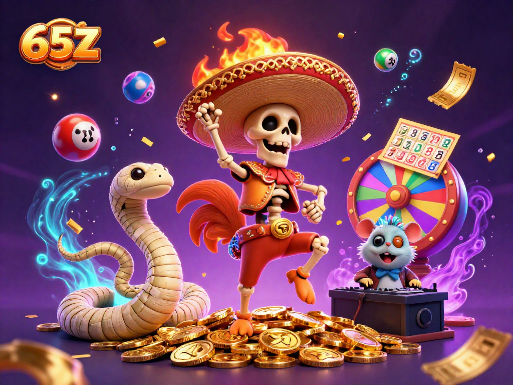 Experimente a sorte na 65Z com uma ilustração vibrante do cassino, incluindo um esqueleto mariachí e muita ação!