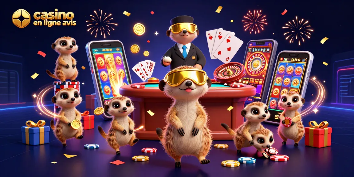 Avis de casino en ligne : une colonie de mangoustes dirigeant un casino dynamique, illustrant le jeu et les gains.