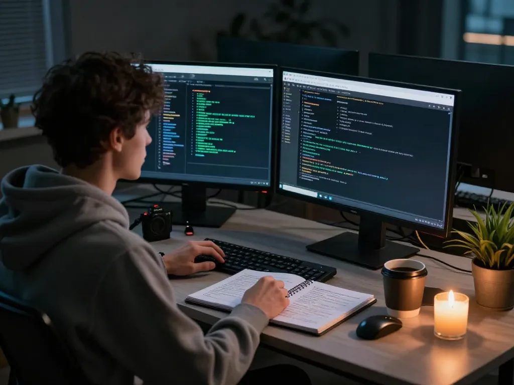 Exploring the hidden wiki in a dark web workspace with multiple screens and encrypted data.