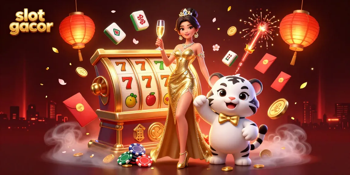 Slot gacor scene with a glamorous woman, lucky tiger cub, and casino elements creating an engaging atmosphere.