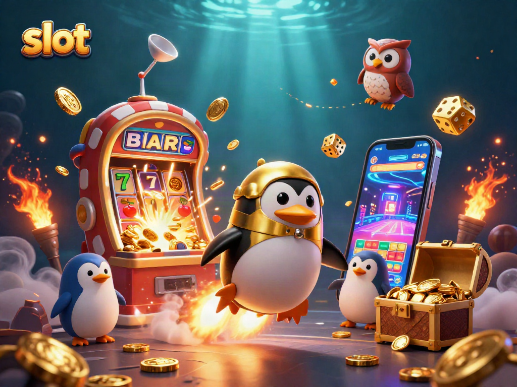 Spin the reels for slot jackpots with a golden penguin and jackpot explosion in 3D