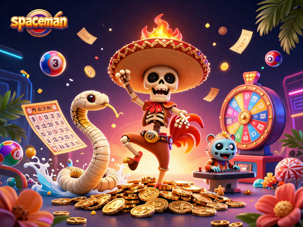 Spaceman slot game features a lively scene with characters and gambling elements celebrating winnings.
