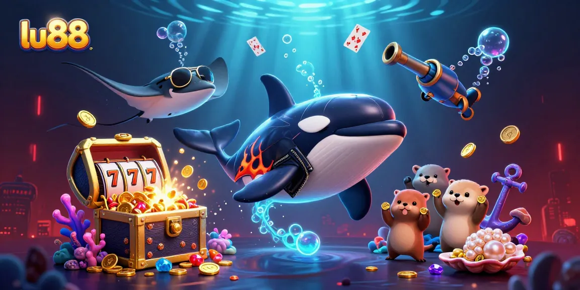 lu88 showcases vibrant underwater casino adventure with 3D orca and sea otters collecting coins.
