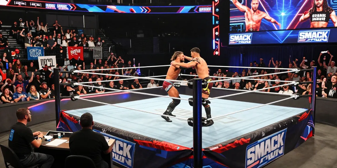 WWE SmackDown live event showcasing a thrilling wrestling match with excited fans in the arena.