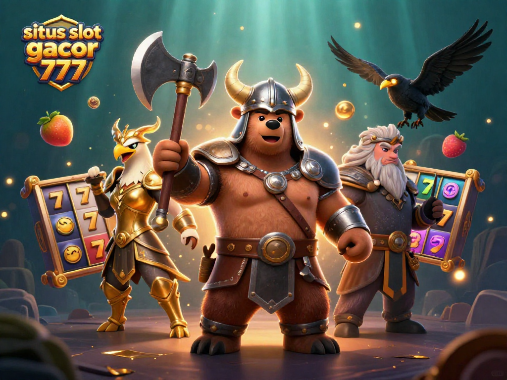 Situs slot gacor 777 features a vibrant Viking berserker and Valkyrie amidst dynamic slot reels and a jackpot atmosphere.