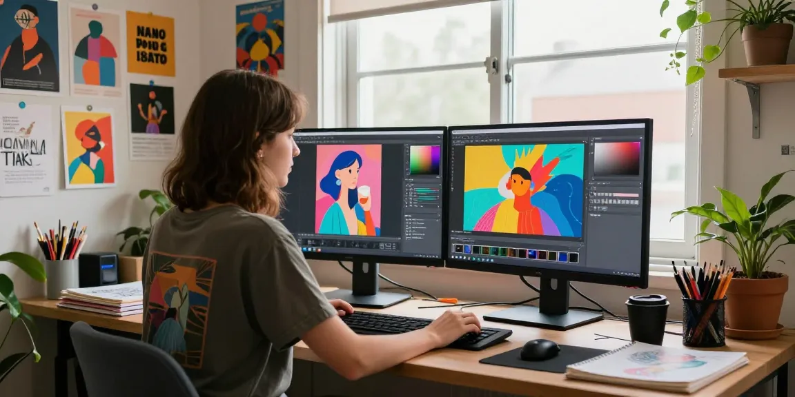 Artist using Nano Banana 2 for vibrant image editing in a lively studio.