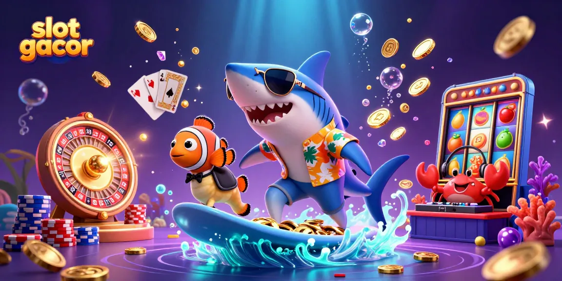 Render of slot gacor featuring a shark, clownfish, and DJ crab celebrating jackpots with coins and cards.