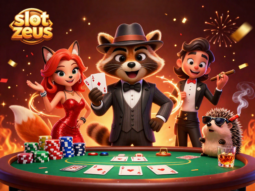 Experience thrilling gameplay with slot zeus as raccoon, fox, and hedgehog celebrate at the casino.