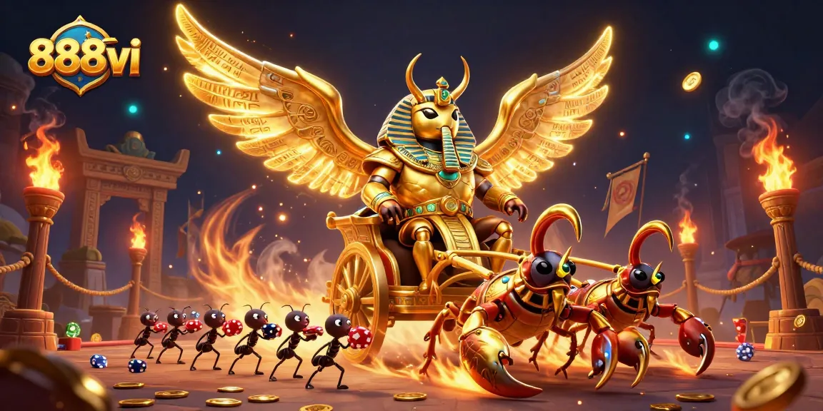 Engage in thrilling action with 888vi, featuring a golden scarab beetle amidst vibrant casino elements.