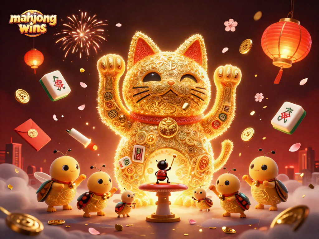 Experience mahjong wins with a whimsical scene featuring a lucky cat and vibrant casino elements.