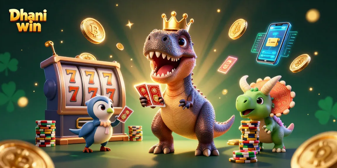 Dive into the excitement of Dhani win, where a vibrant T-Rex shuffles cards beside a pterodactyl and triceratops amidst glowing coins.