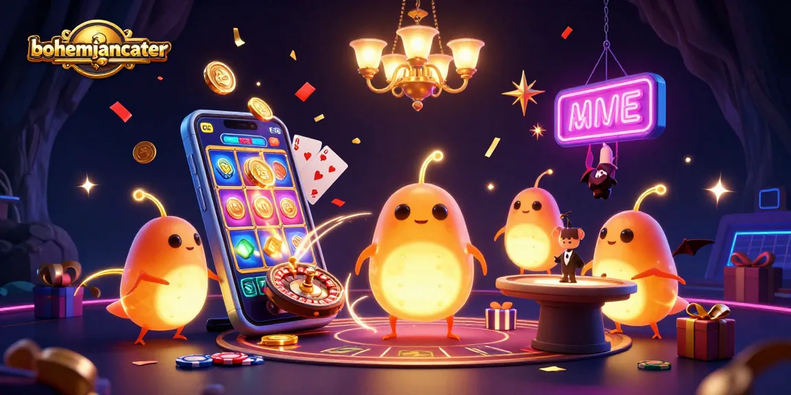 Engage with bohemiancater's vibrant casino scene featuring lively glowworms and captivating gaming elements.