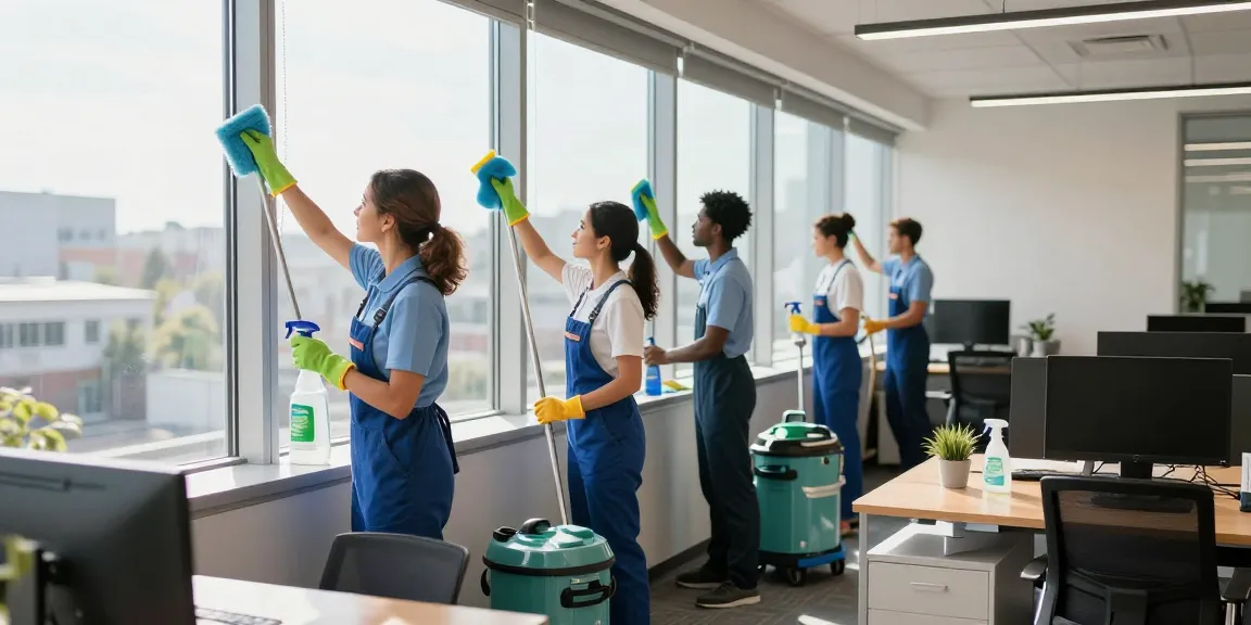 Gebäudereinigung Dortmund durch professionelles Team in modernem Büro mit umweltfreundlichen Reinigungsmitteln.