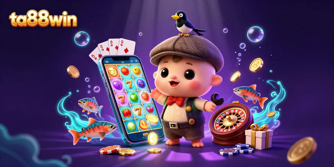 ta88win features a whimsical scene with a playful Nessie and a magpie amidst colorful slot elements.