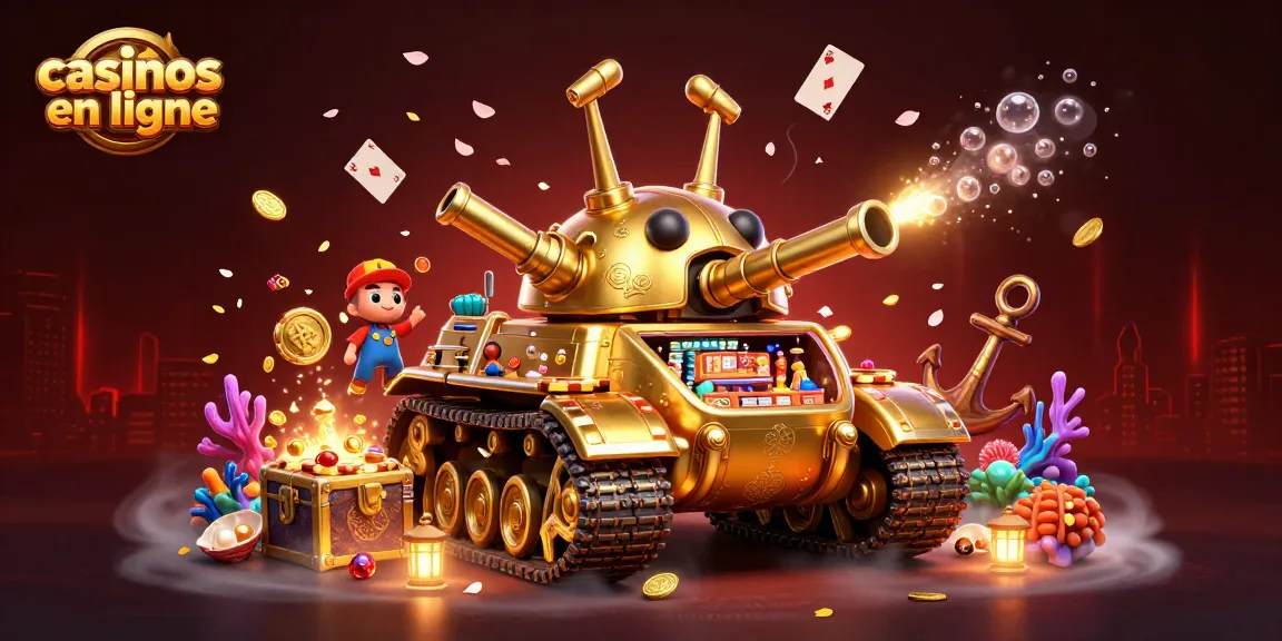 Découvrez une scène dynamique de casinos en ligne avec un tank en or et un mini-casino à l'intérieur.