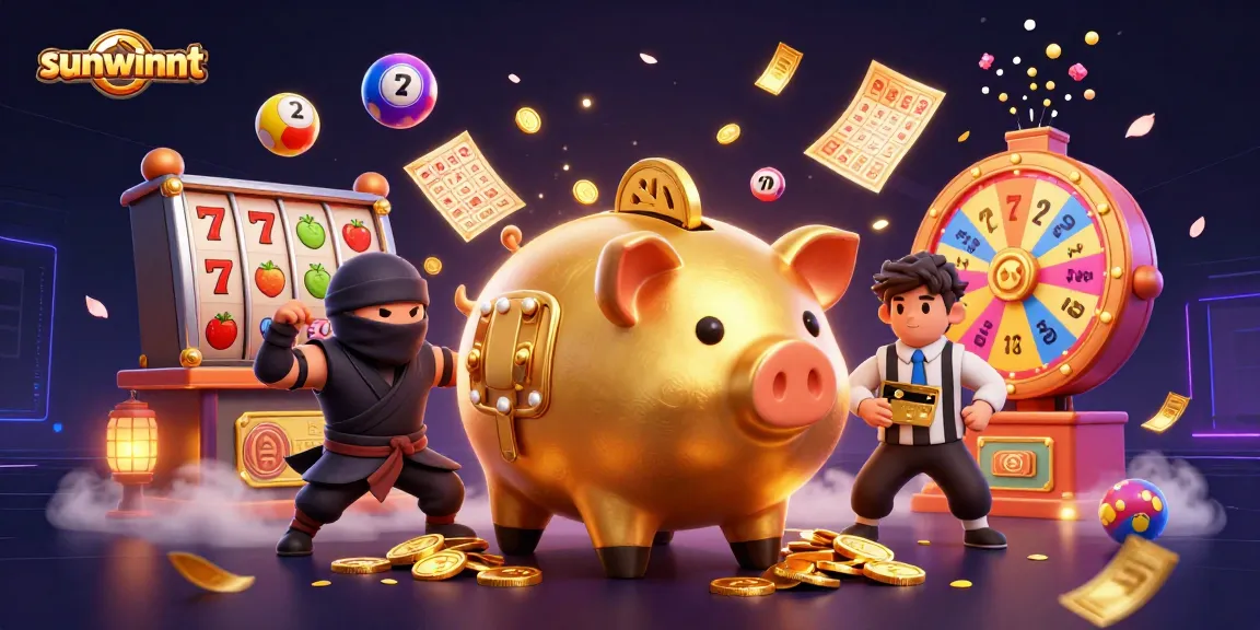 Experience sunwinnt's vibrant casino energy with golden piggy bank sumo wrestler amid a wealth of gambling fun