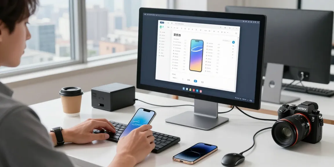 使用爱思助手下载管理iPhone的现代办公桌，上方显示界面的高分辨率监视器和整洁的配件。