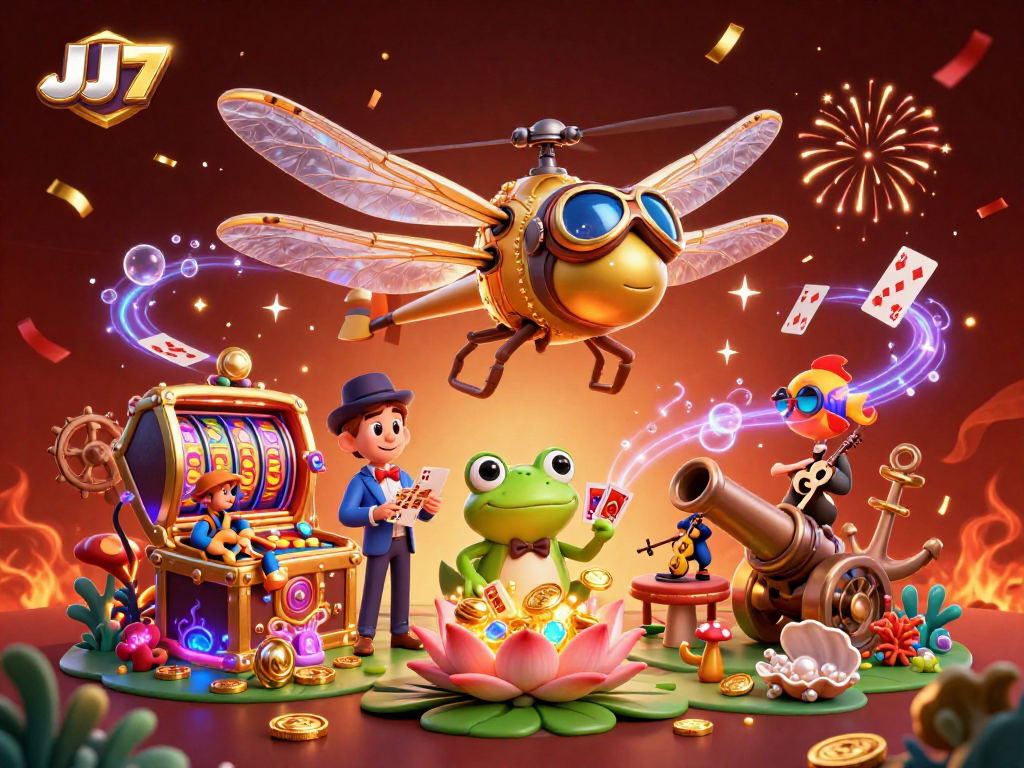 Engage with the vibrant action of JJ77's dragonfly pilot above a lily pad casino, featuring energetic gaming elements.
