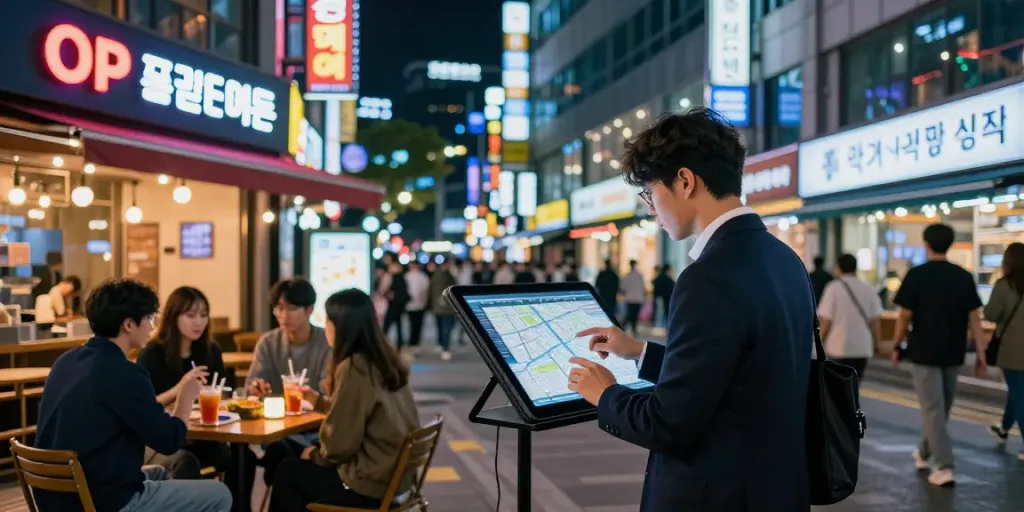 강남오피를 찾는 고객이 스마트폰으로 정보를 확인하는 도시의 야경