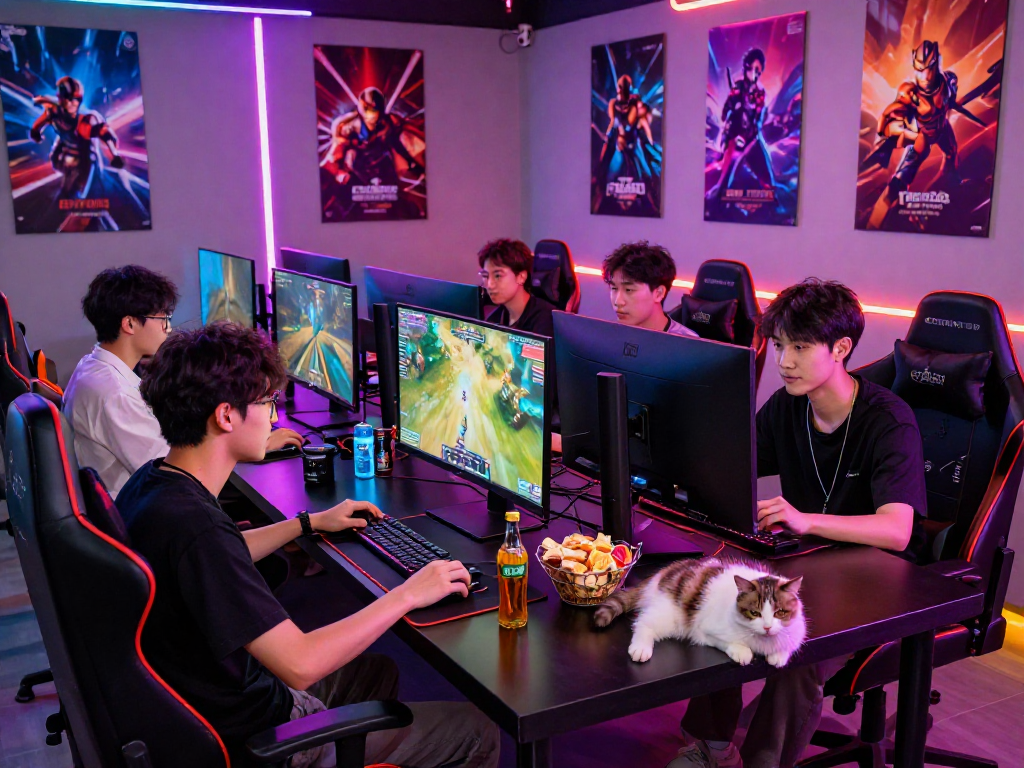 Exciting gaming session featuring rokok88 enthusiasts in vibrant eSports lounge, dynamic graphics, and snacks.