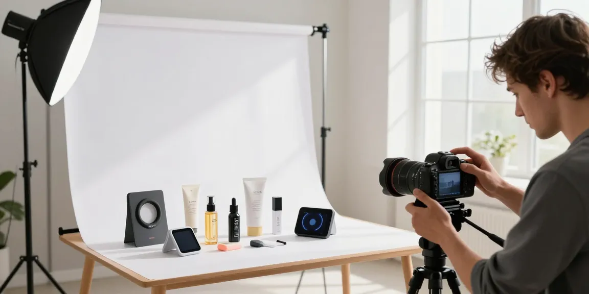Photographie de produits en studio montrant un photographe professionnel capturant des images de produits variés avec un éclairage soigné.