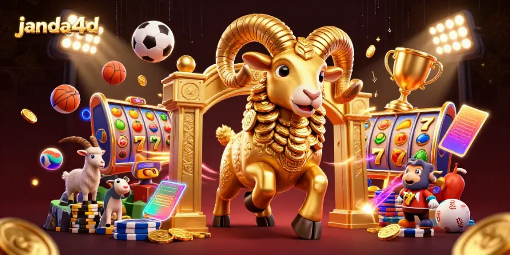 Gambaran kasino 3D janda4d dengan domba emas dan elemen taruhan menarik.