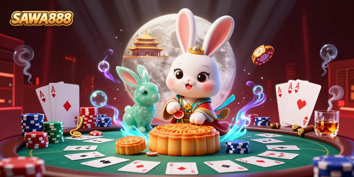Experience SAWA888 with a vibrant 3D illustration showcasing a moon rabbit in a fantasy casino adventure.