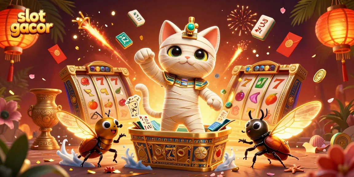 Engage with slot gacor as a cartoon Egyptian mummy cat emerges from a golden sarcophagus in a vibrant casino.
