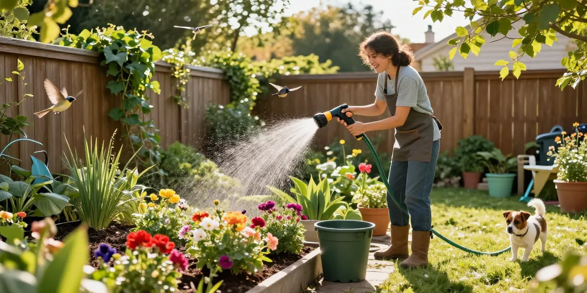 Using the best hose nozzle for efficient garden watering in a sunny atmosphere