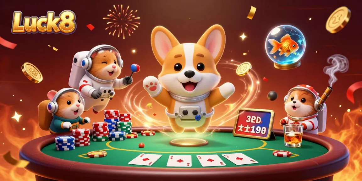 Luck8 features a vibrant casino scene with an astronaut corgi, a mission-control hamster, and a goldfish amidst dynamic poker action.