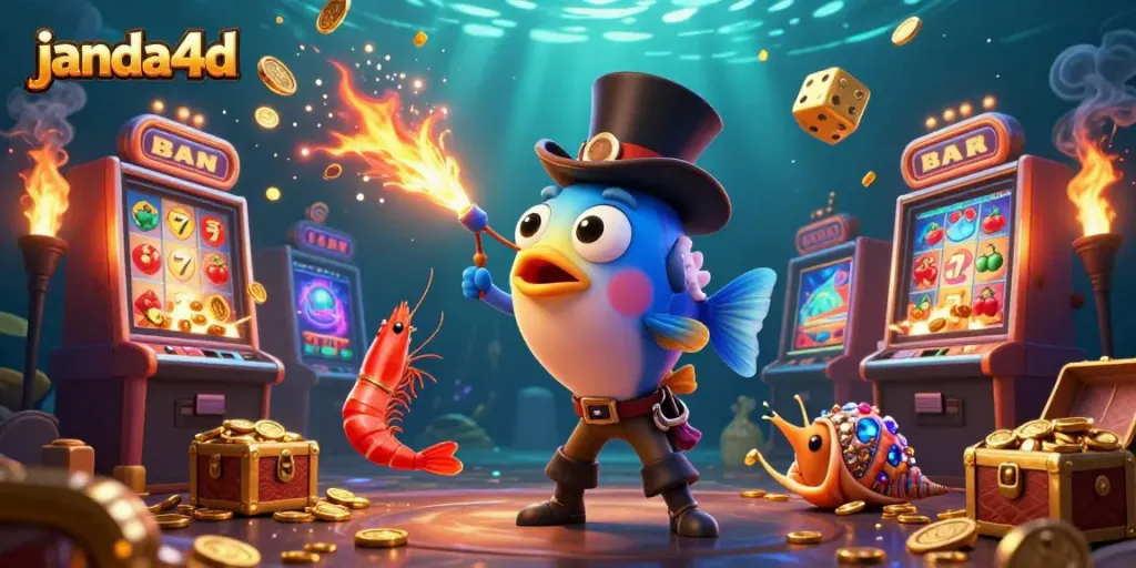 JANDA4D menarik koin emas dengan ilustrasi 3D ikan pemancing menyala, membawa semangat perjudian.