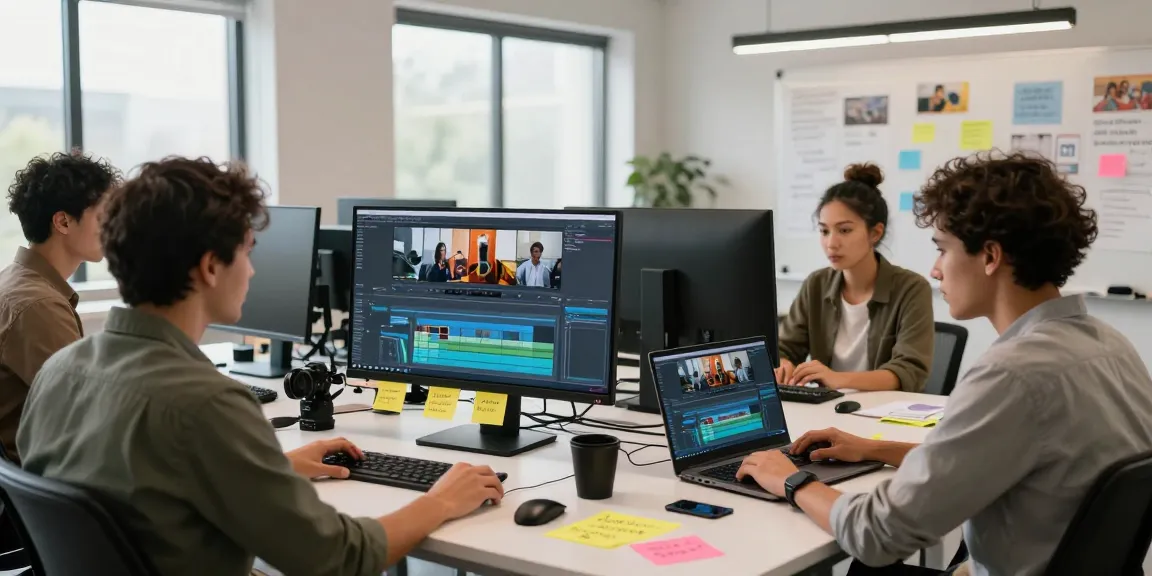 Creative video editing studio showcasing a diverse team utilizing a video prompt AI tool for dynamic content generation.