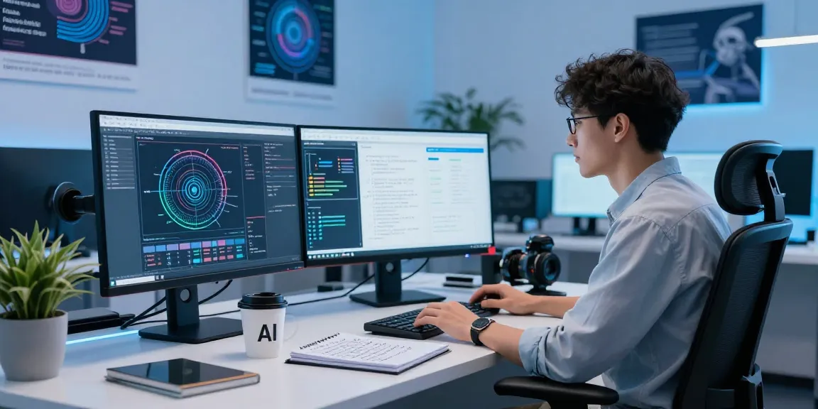Advanced AI image detector workstation showing high-tech tools and multiple monitors.