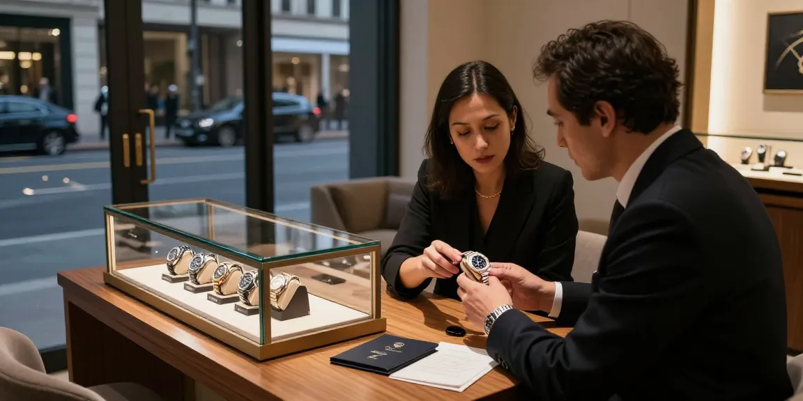 Examining rolex super clone watches in a luxury boutique with elegant display and attentive service.