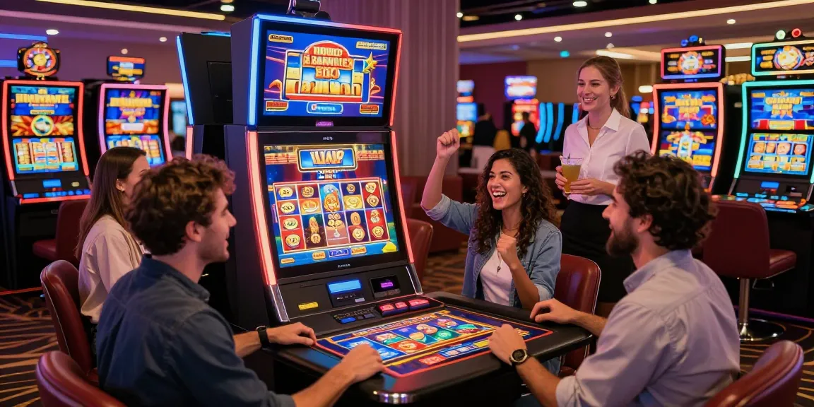 Suasana kasino online dengan teman-teman bersenang-senang bermain slot yang memenangkan hadiah besar.