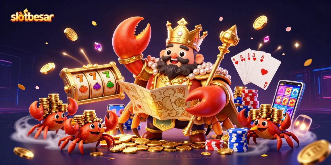 Experience max winnings with slotbesar, featuring a golden crab emperor amidst cascading coins and vibrant slot themes.
