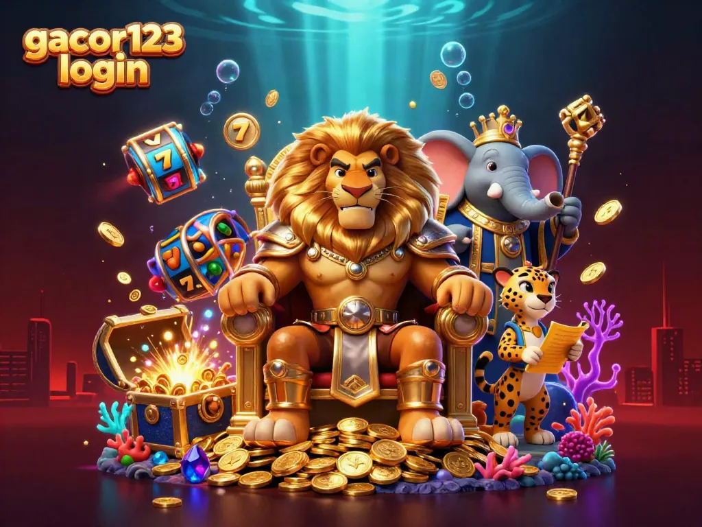 Experience action-packed gacor123 login with fierce lion king, treasures, and casino elements.