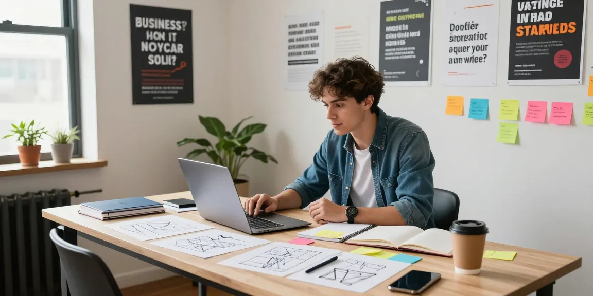 Entrepreneur brainstorming business ideas at https://www.startsomethingpc.com with motivating elements in a bright workspace.