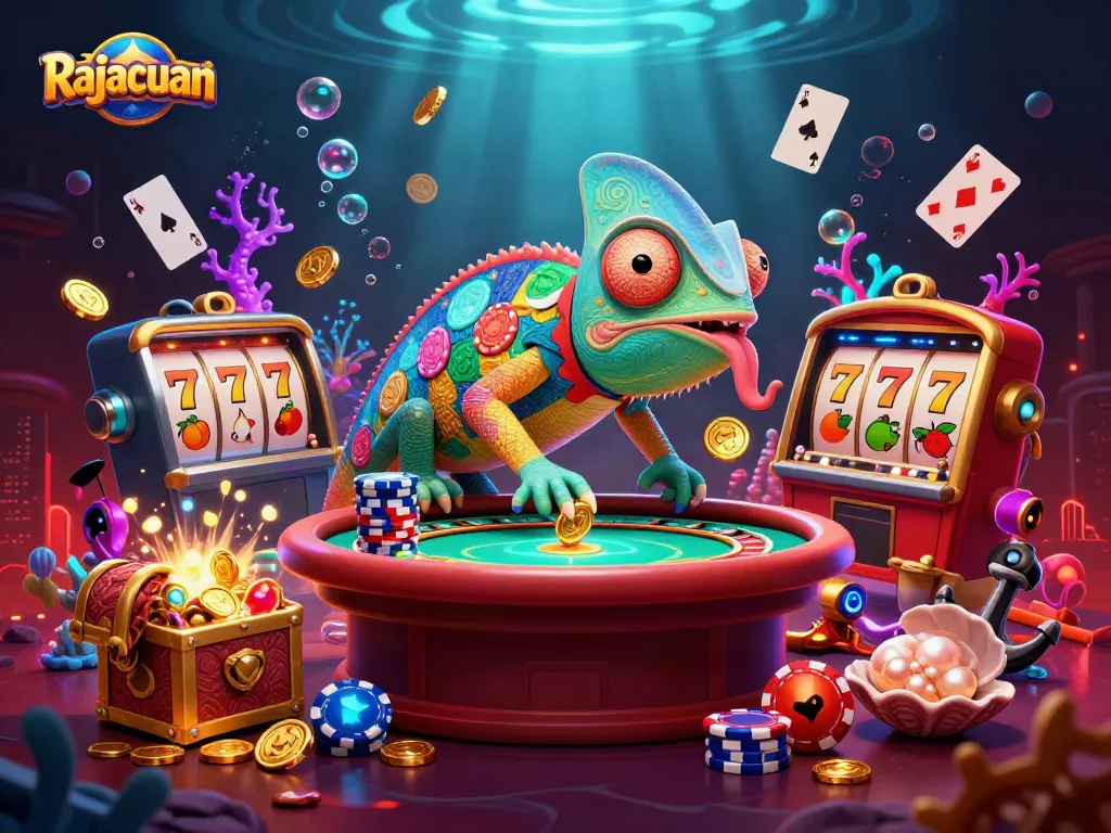Rajacuan's lively casino scene features vibrant slot reels and a colorful chameleon owner capturing golden coins.