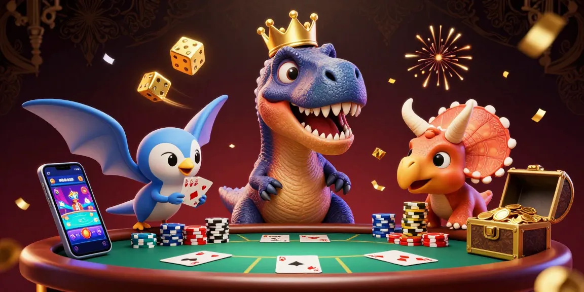 Migliori app per giocare a poker: T-Rex e amici giocano a poker con cipria e smartphone in un'illustrazione vibrante
