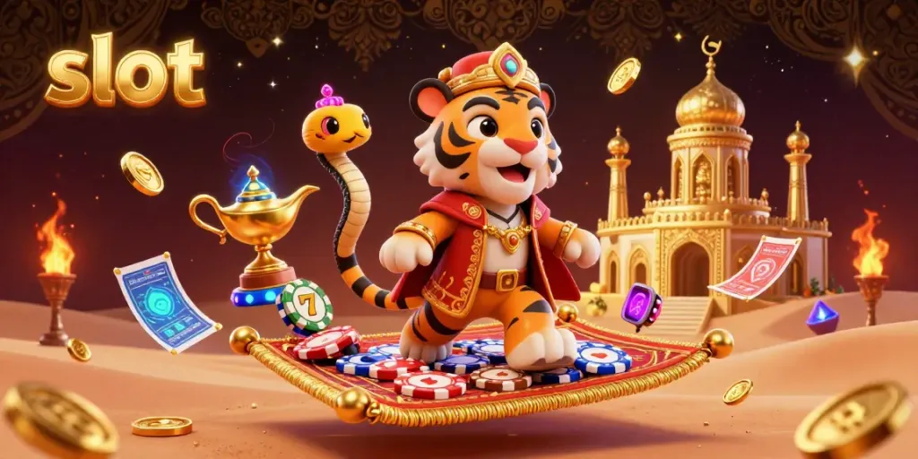 Engaging slot scene with a tiger sultan on a flying carpet, jackpot symbols, and golden treasures.
