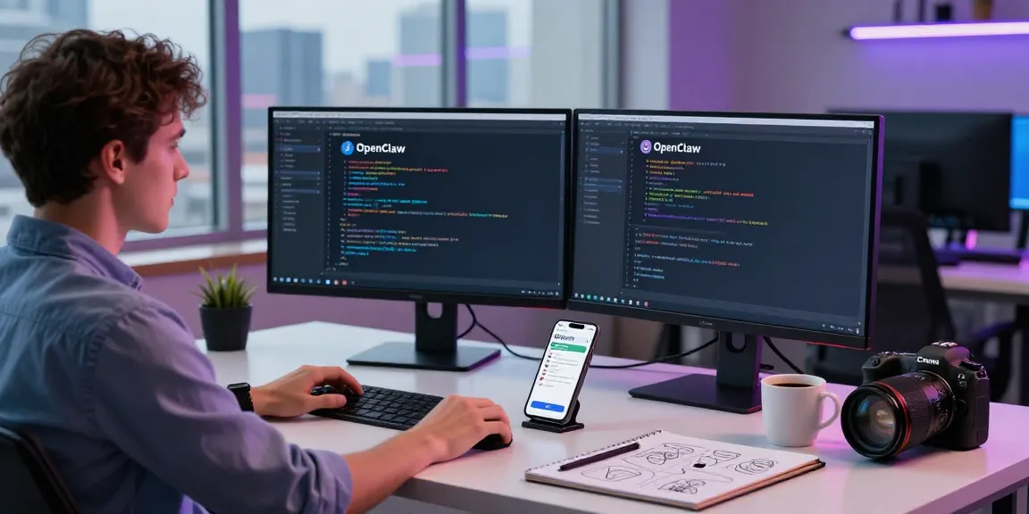 OpenClaw integration in a tech workspace showcasing dual monitors, coding, and messaging apps.