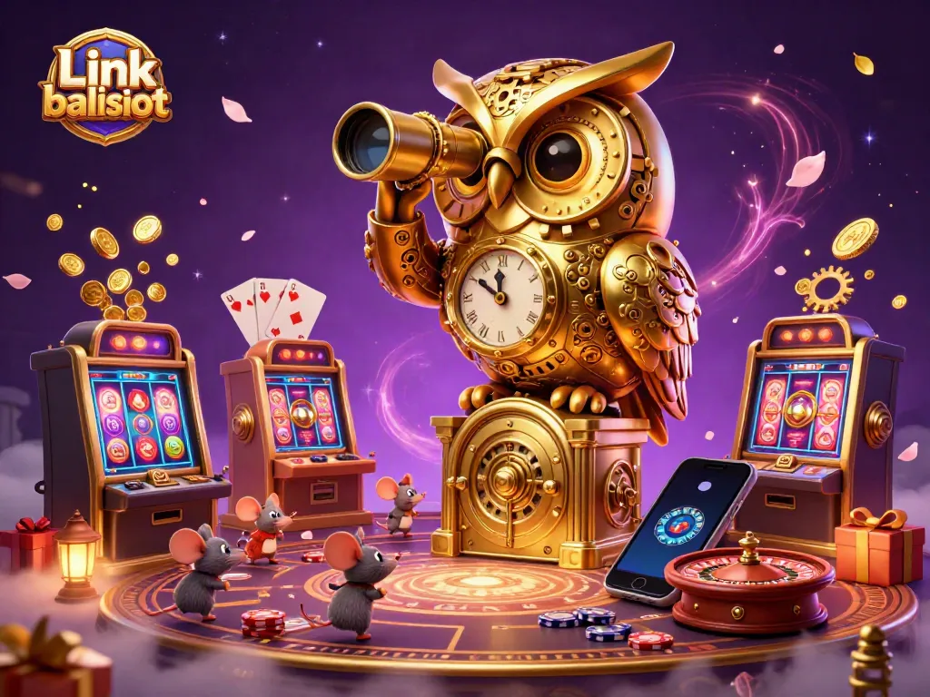 Experience the thrill of Link balislot with an enchanting 3D illustration of a golden owl and playful mice in a captivating casino.