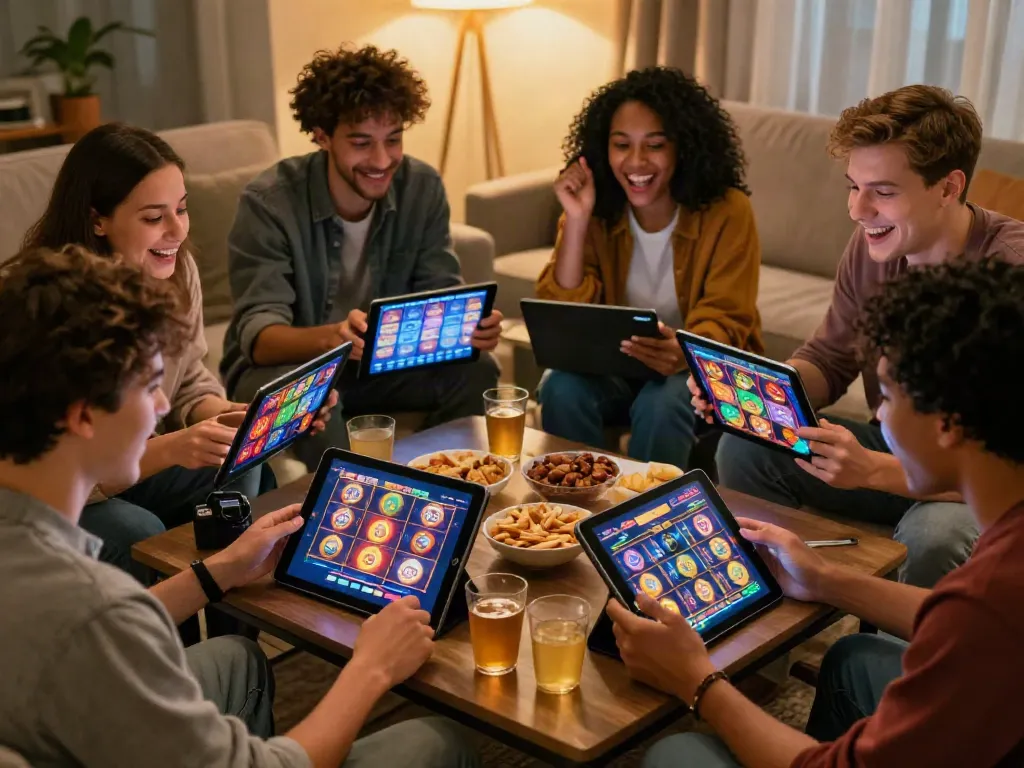 Friends enjoying a lively slot gaming session on a tablet