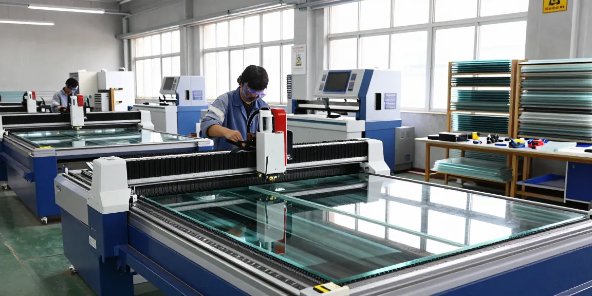 Technician using a glass cutting table in a modern workshop equipped with CNC machines.