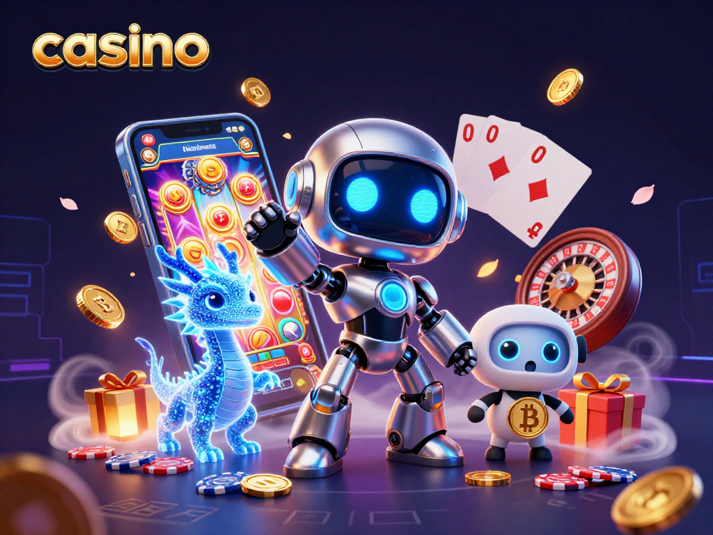 Experience the excitement of a casino with a dynamic 3D cyberpunk scene featuring vibrant gaming elements.
