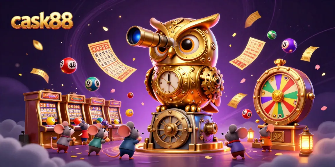 Engage with cask88's vibrant casino illustration featuring an owl and lively game elements.