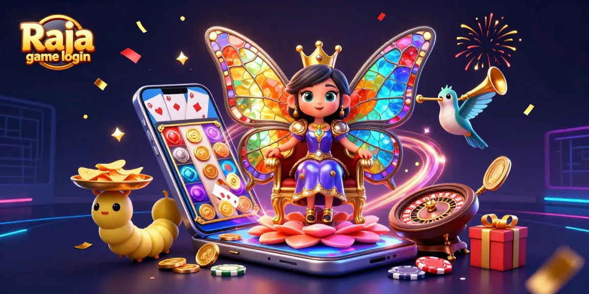 Engage in thrilling gaming with Raja game login, featuring vibrant illustrations of casino elements and characters.