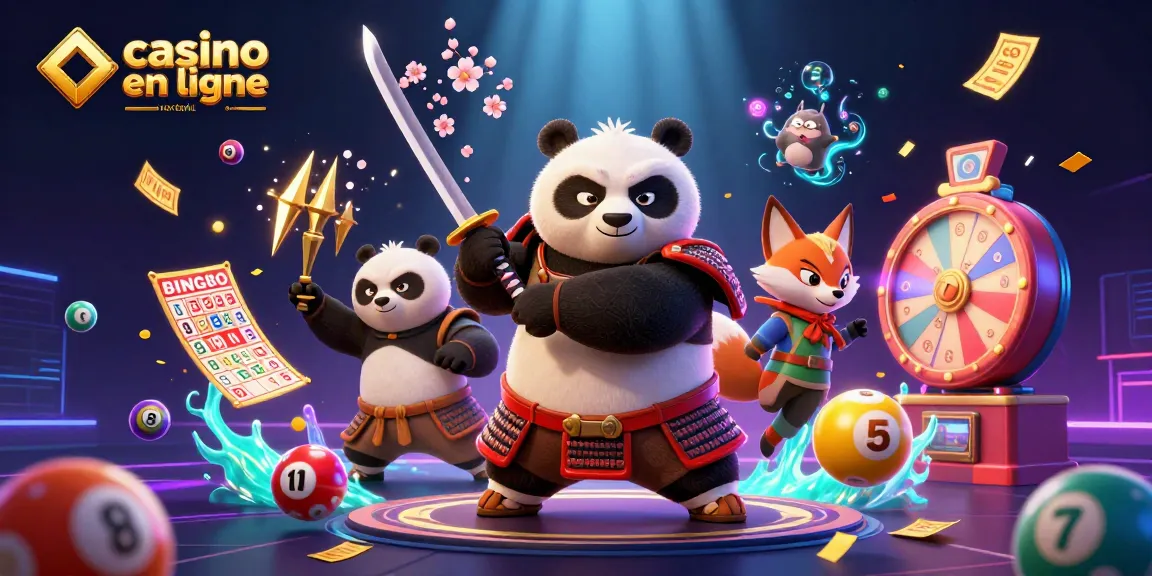 Découvrez l'interface dynamique des casinos en ligne retrait instantané, un panda samouraï avec des éléments de jeu scintillants.
